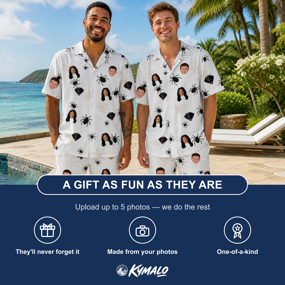 Friends in matching Men's Midnight Webbing Custom Face Shirt & Shorts Set — a group gift photo