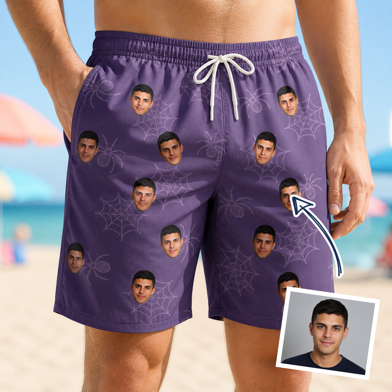 Man wearing Men's Spider Social Custom Face Beach Shorts — custom faces printed all-over