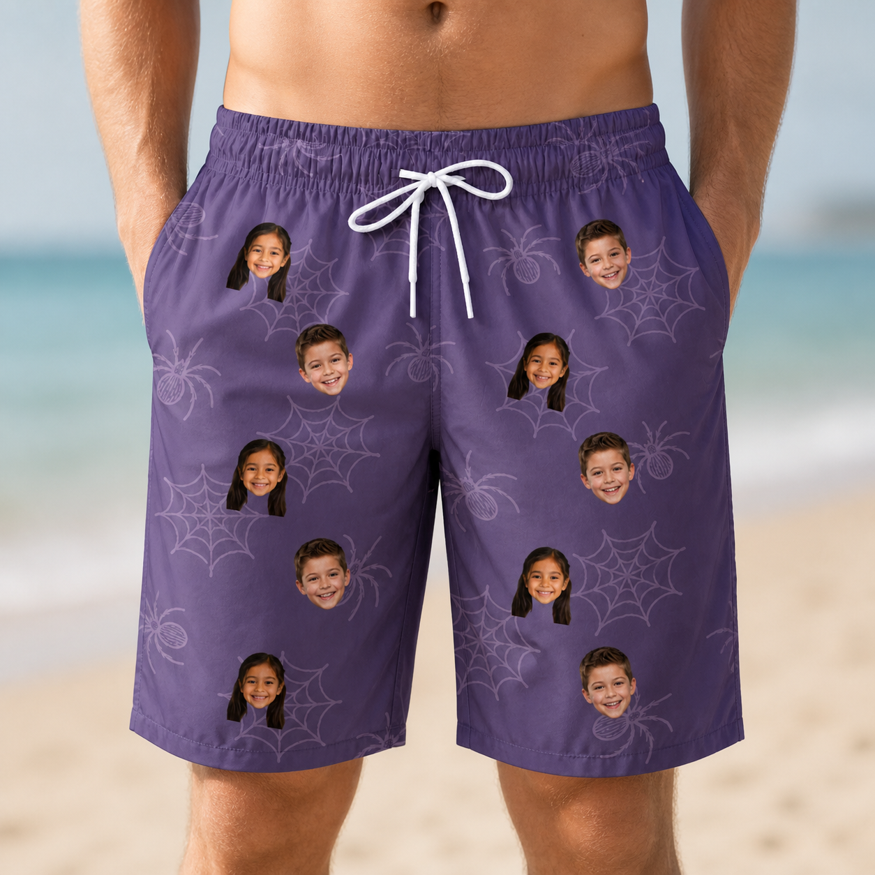 Model wearing Men's Spider Social Custom Face Beach Shorts printed with kids' faces