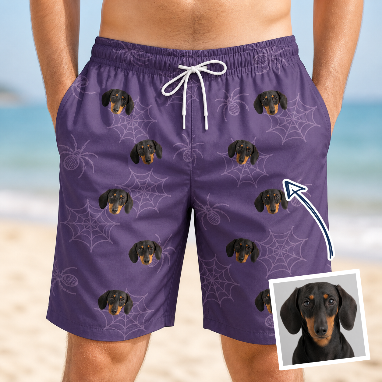 Man wearing Men's Spider Social Custom Dog Face Beach Shorts — custom faces printed all-over
