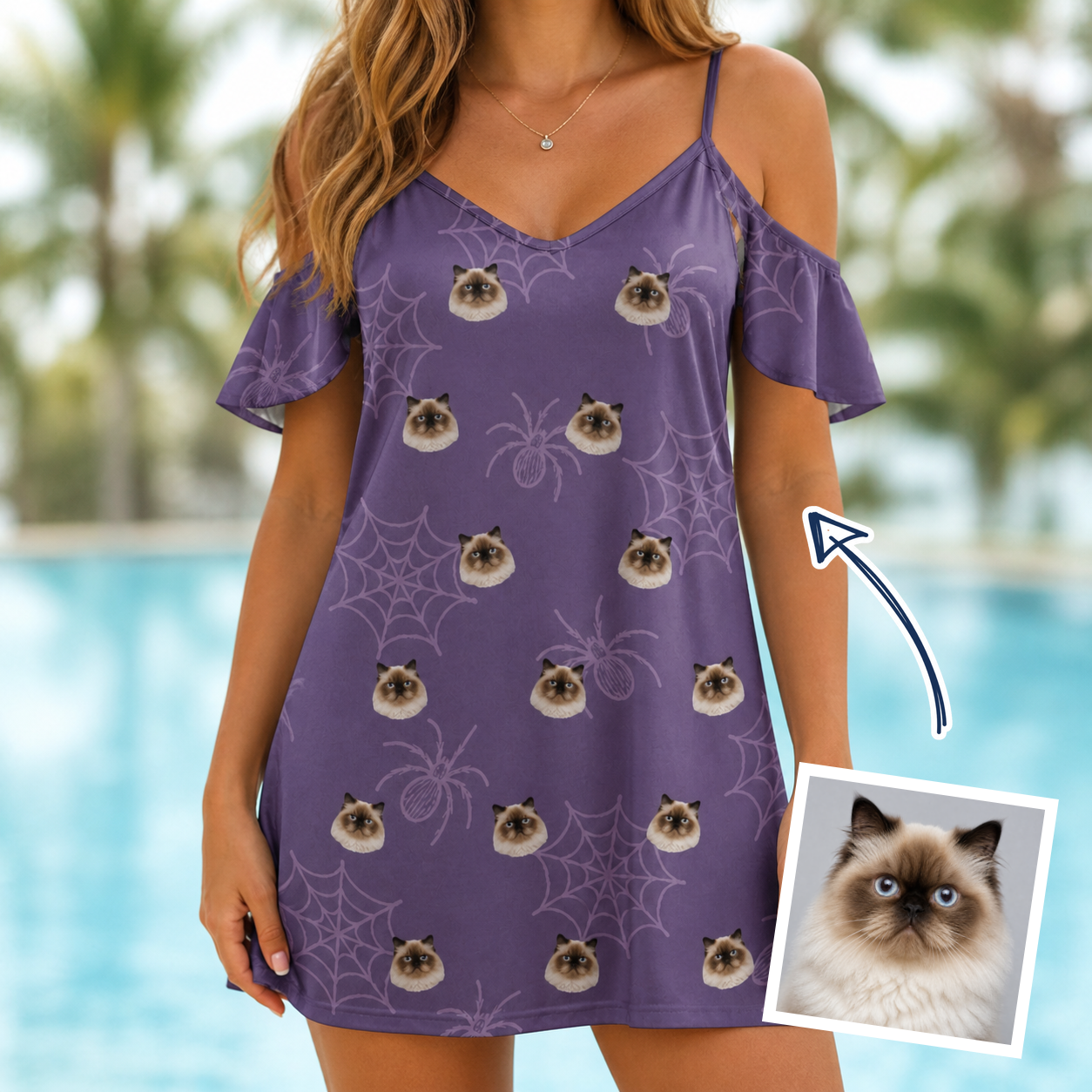 Woman wearing Women's Spider Social Custom Cat Face Off-Shoulder Dress — custom faces printed all-over