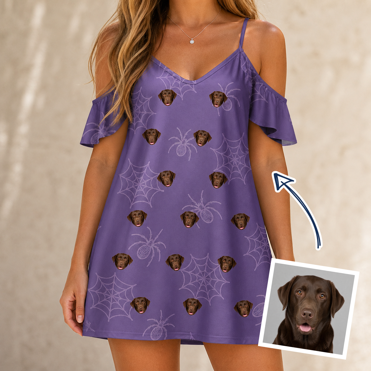 Woman wearing Women's Spider Social Custom Dog Face Off-Shoulder Dress — custom faces printed all-over