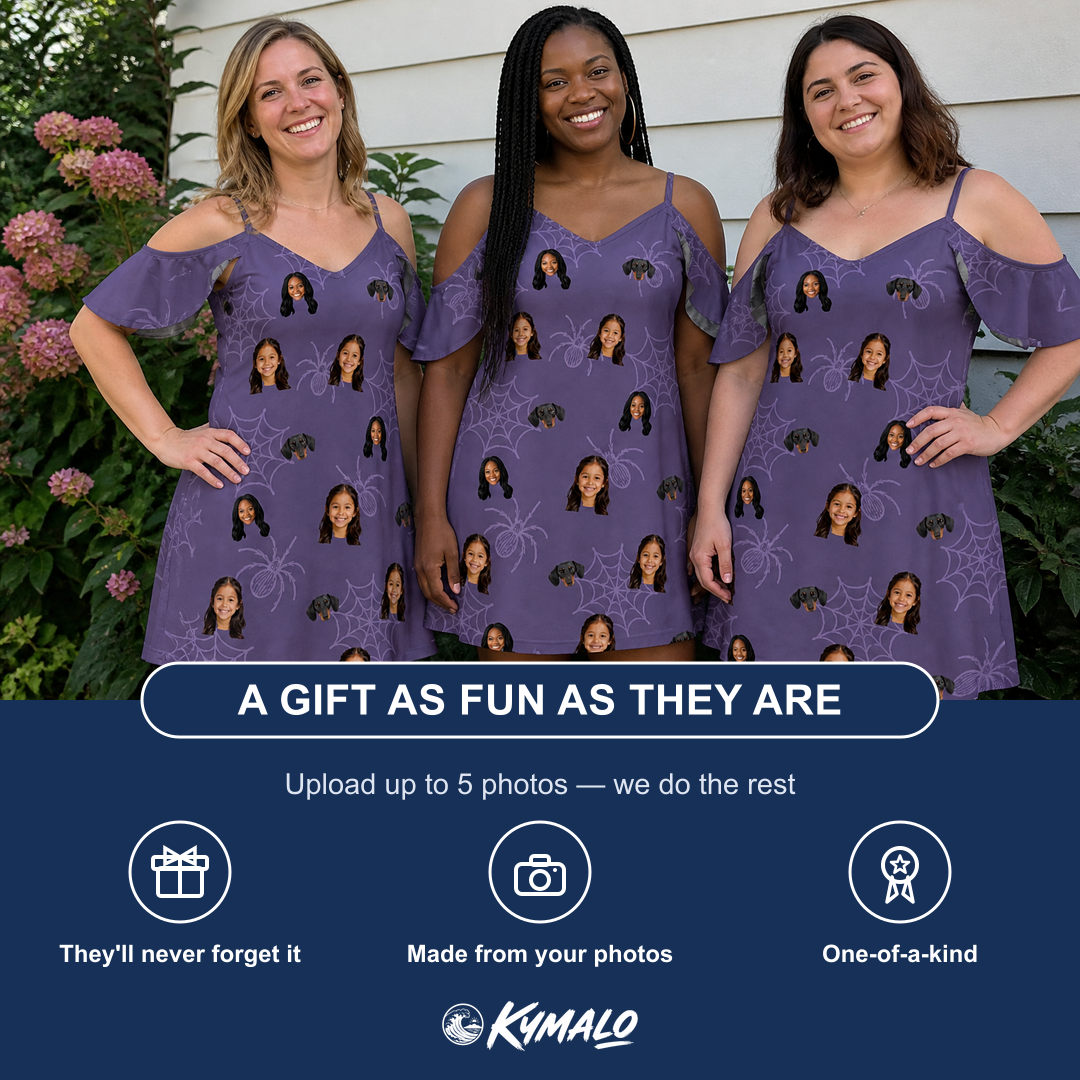 Friends in matching Women's Spider Social Custom Face Off-Shoulder Dress — a group gift photo