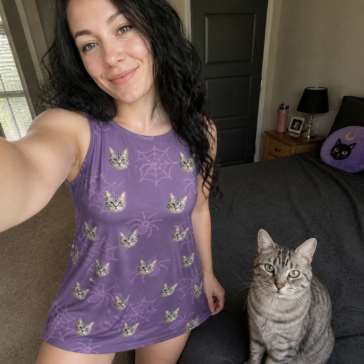 Selfie with the pet whose face is printed all over this Women's Spider Social Custom Cat Face Tank Dress