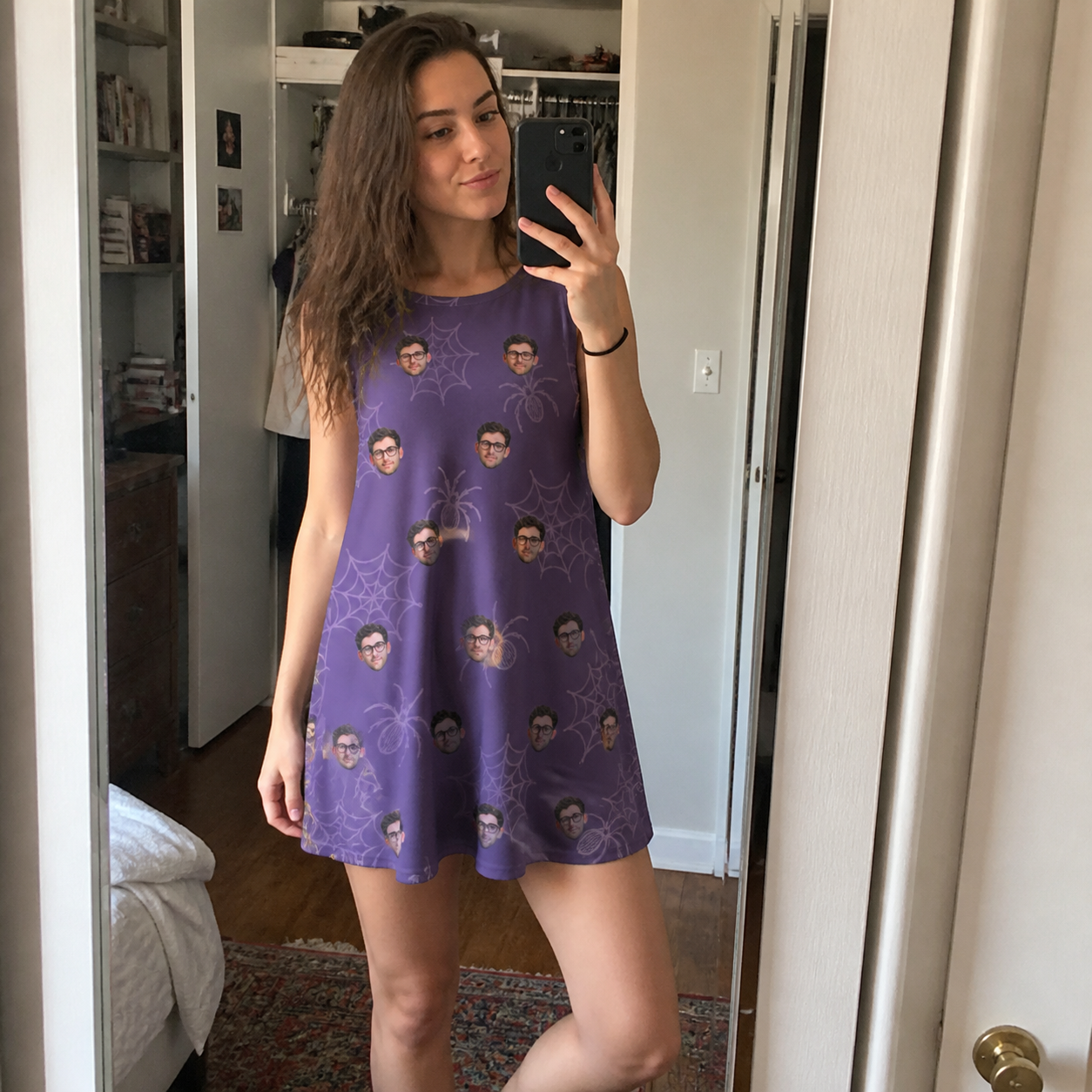 Real-life photo of someone wearing Women's Spider Social Custom Face Tank Dress — custom faces printed all-over