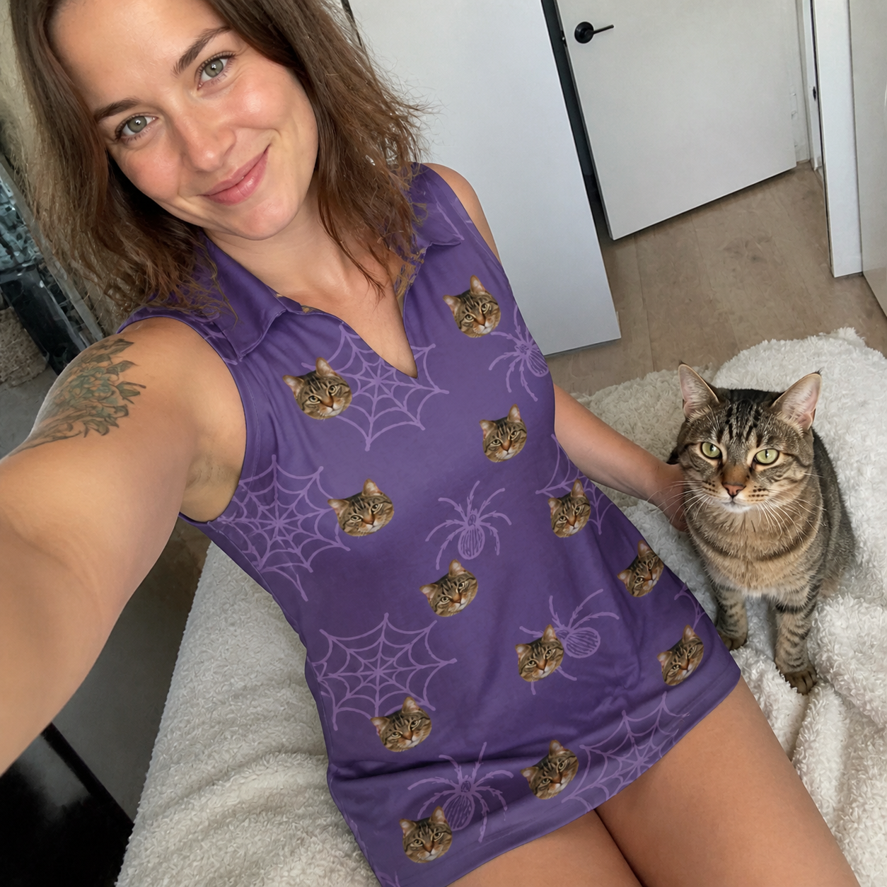 Selfie with the pet whose face is printed all over this Women's Spider Social Custom Cat Face V-Neck Dress