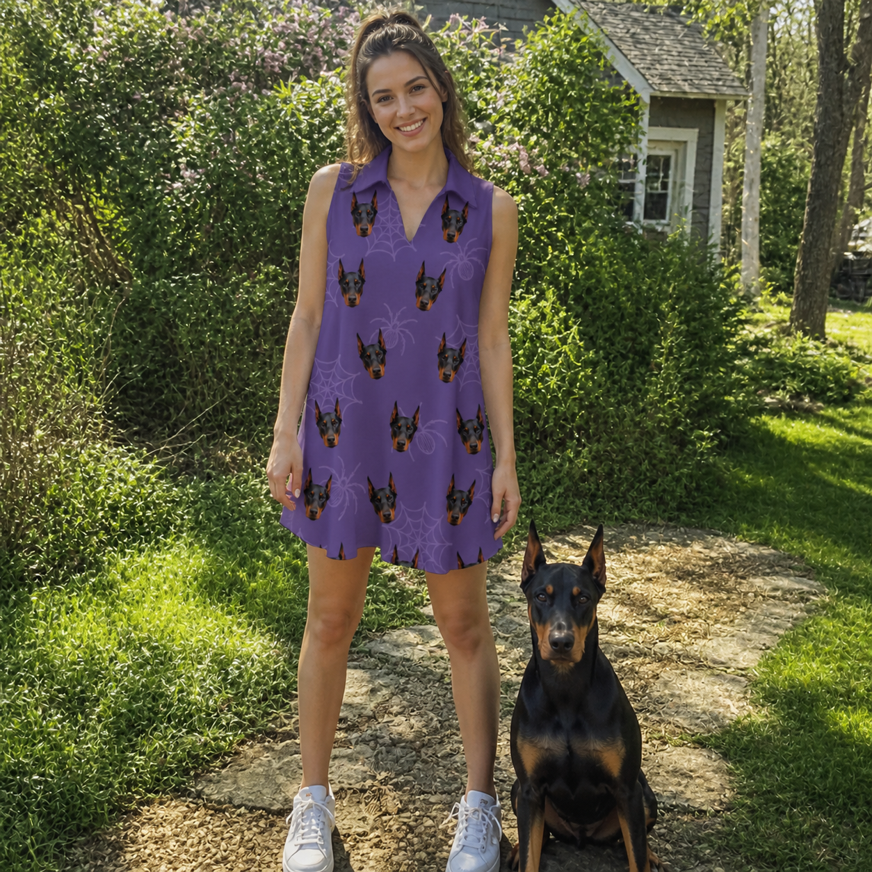 Full-length photo with the pet printed all over this Women's Spider Social Custom Dog Face V-Neck Dress