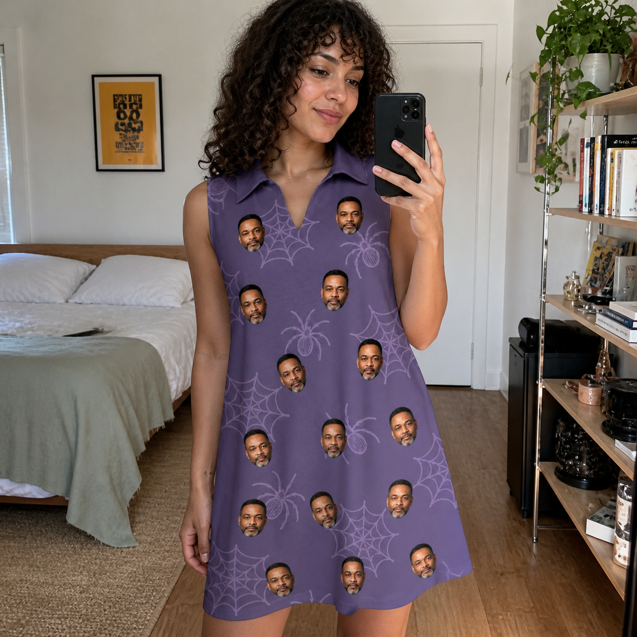 Real-life photo of someone wearing Women's Spider Social Custom Face V-Neck Dress — custom faces printed all-over