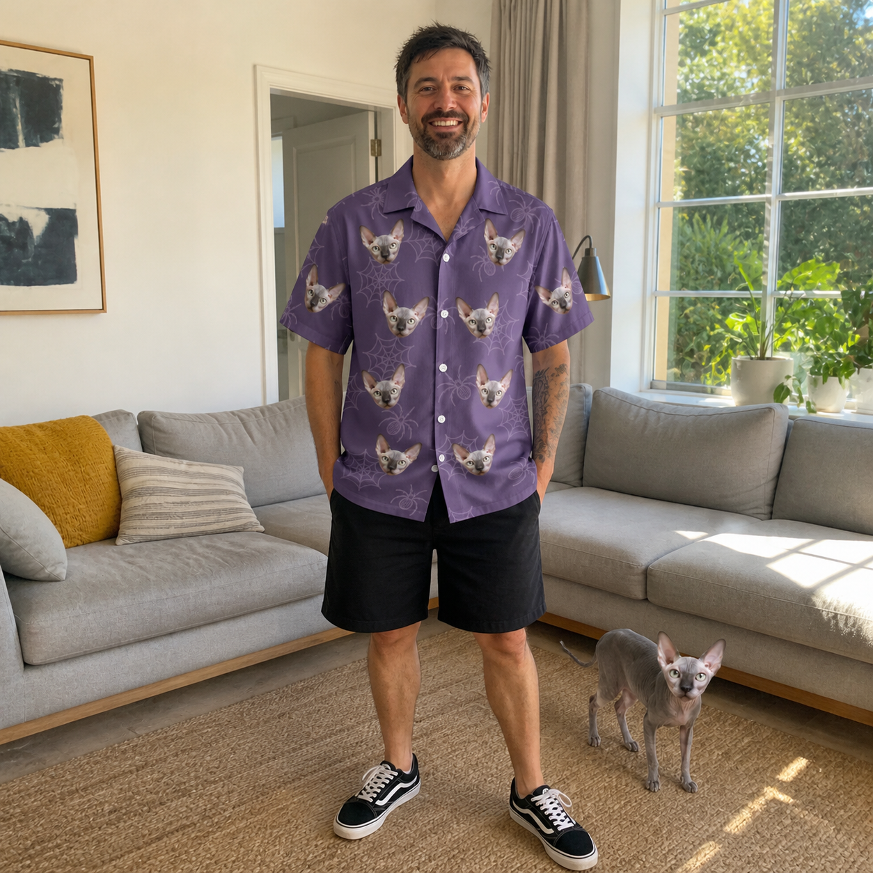 Full-length photo with the pet printed all over this Men's Spider Social Custom Cat Face Hawaiian Shirt