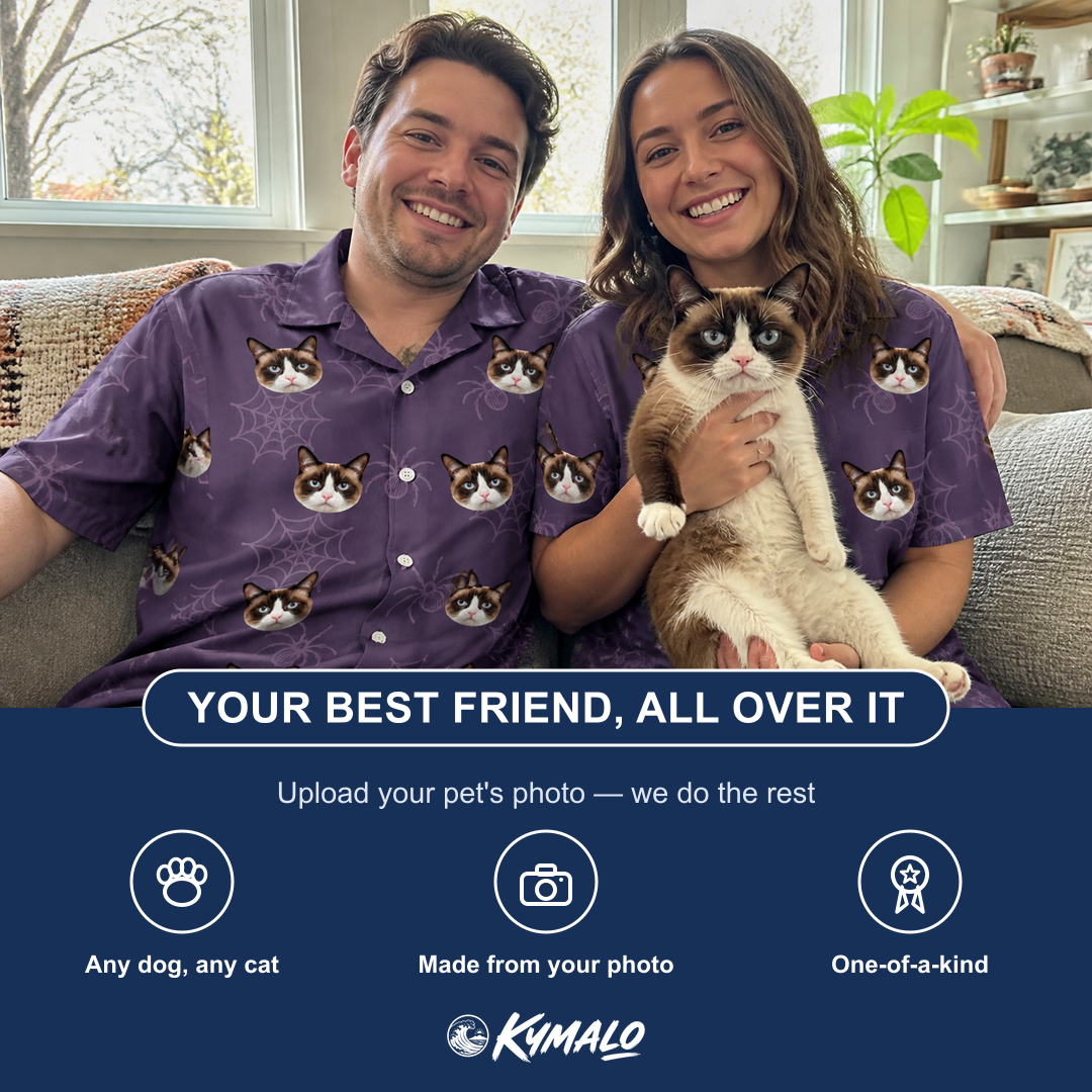 Friends in matching Men's Spider Social Custom Cat Face Hawaiian Shirt — a group gift photo