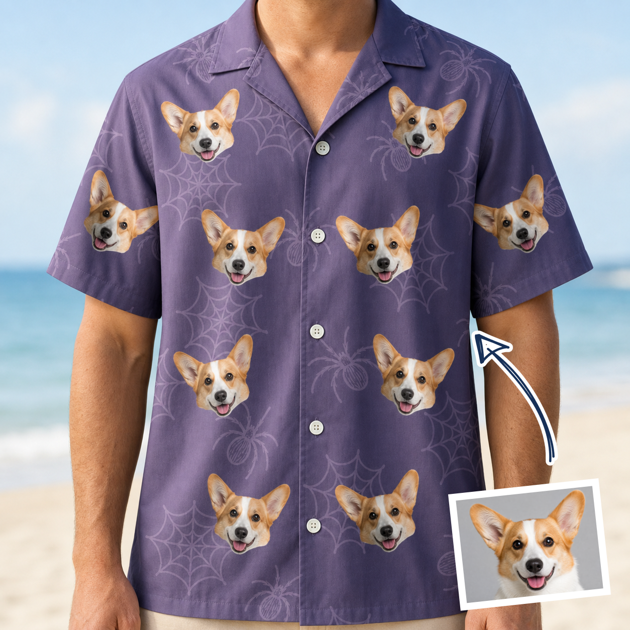 Man wearing Men's Spider Social Custom Dog Face Hawaiian Shirt — custom faces printed all-over