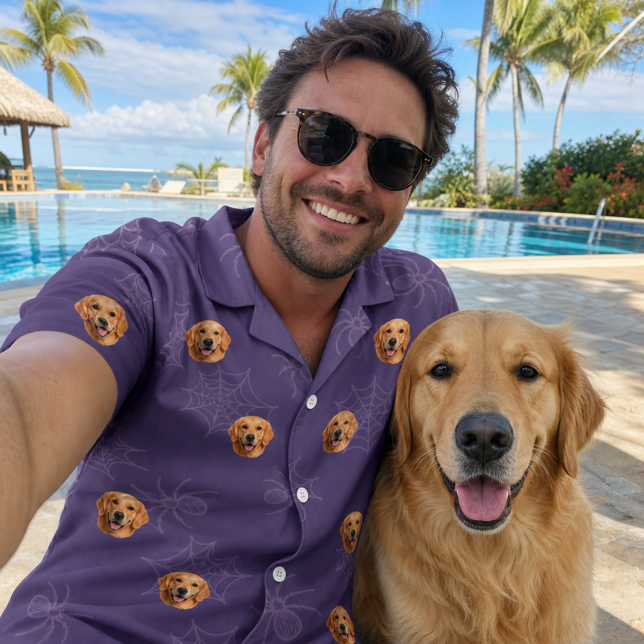 Selfie with the pet whose face is printed all over this Men's Spider Social Custom Dog Face Hawaiian Shirt