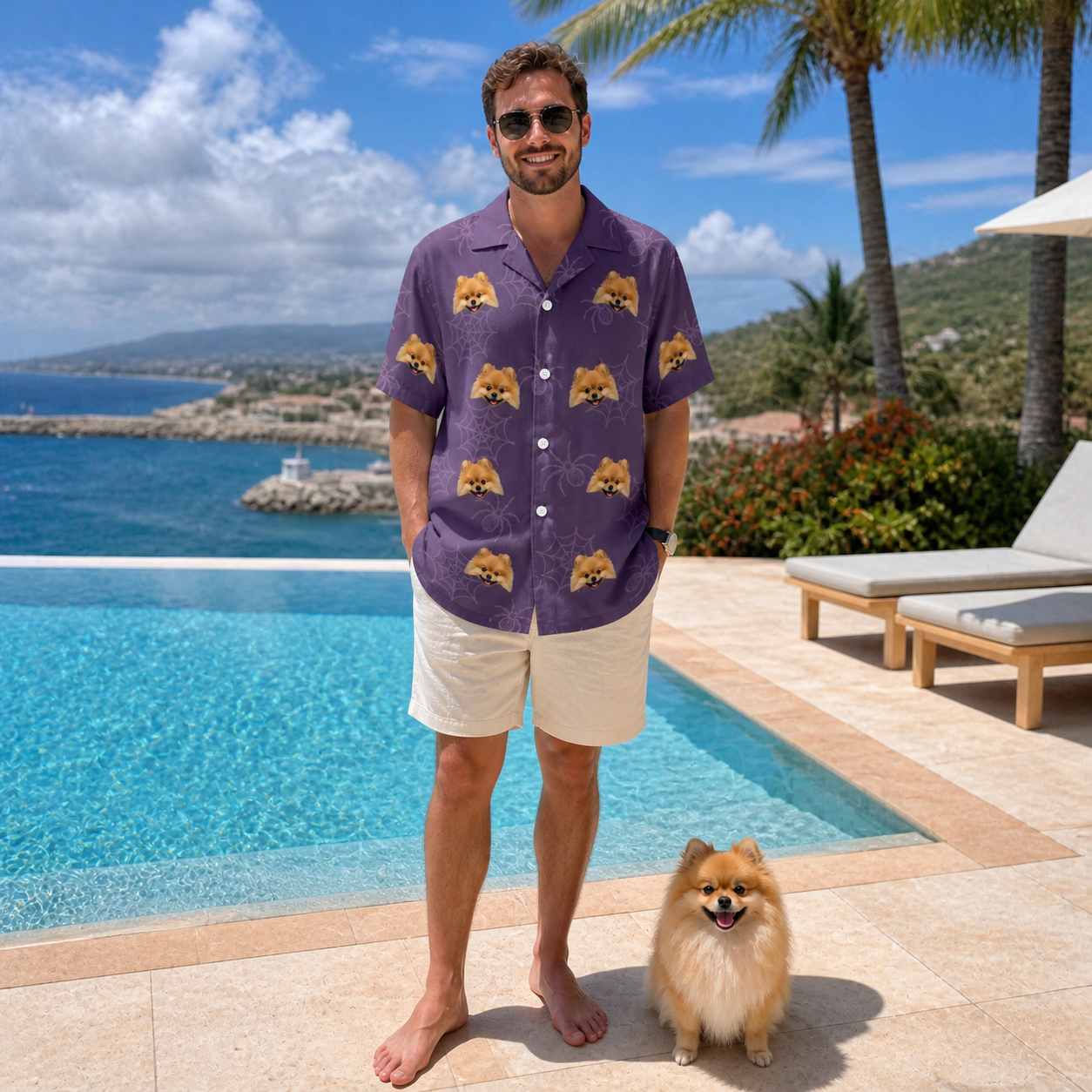 Full-length photo with the pet printed all over this Men's Spider Social Custom Dog Face Hawaiian Shirt