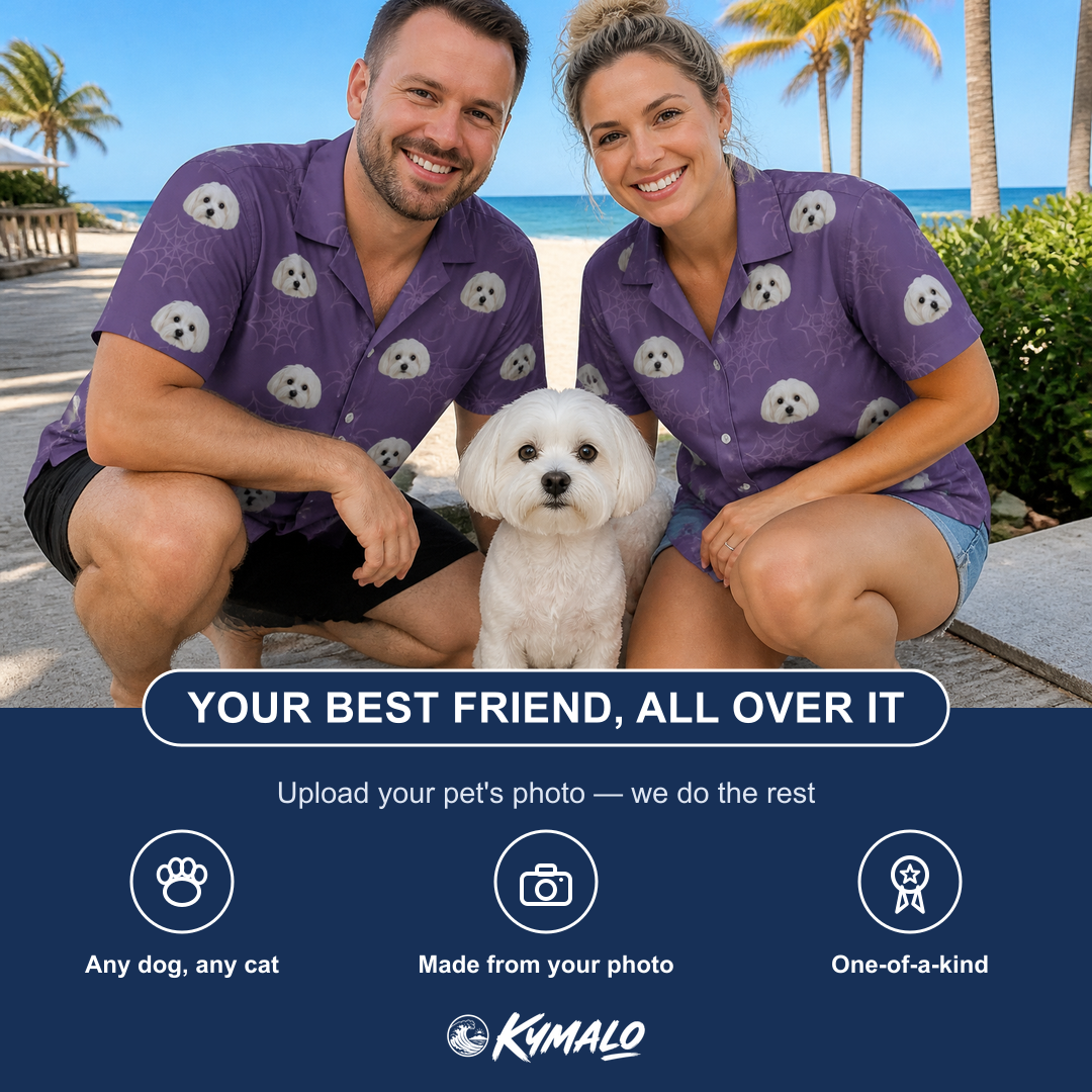 Friends in matching Men's Spider Social Custom Dog Face Hawaiian Shirt — a group gift photo