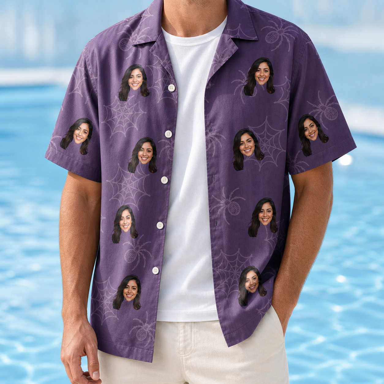 Man wearing Men's Spider Social Custom Face Hawaiian Shirt open over a white tee