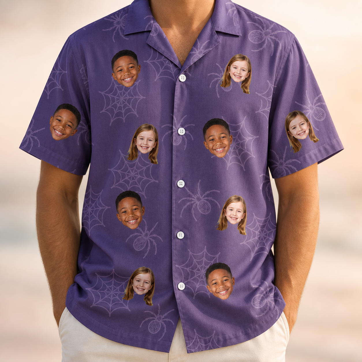 Model wearing Men's Spider Social Custom Face Hawaiian Shirt printed with kids' faces