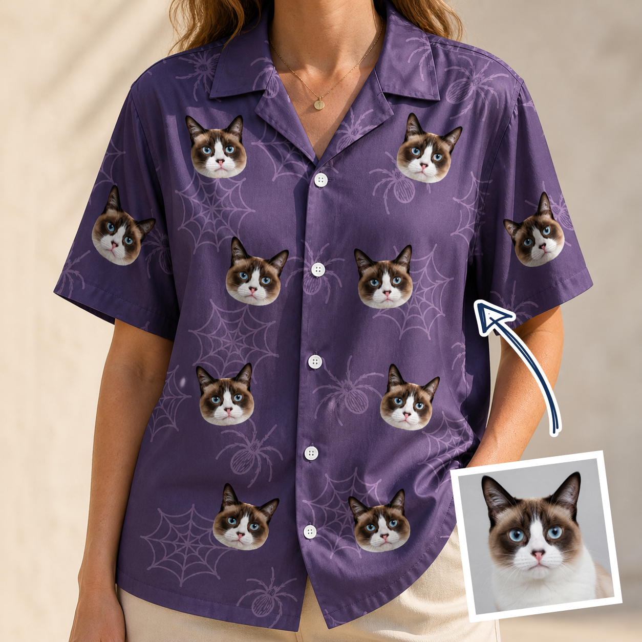 Woman wearing Women's Spider Social Custom Cat Face Hawaiian Shirt — custom faces printed all-over