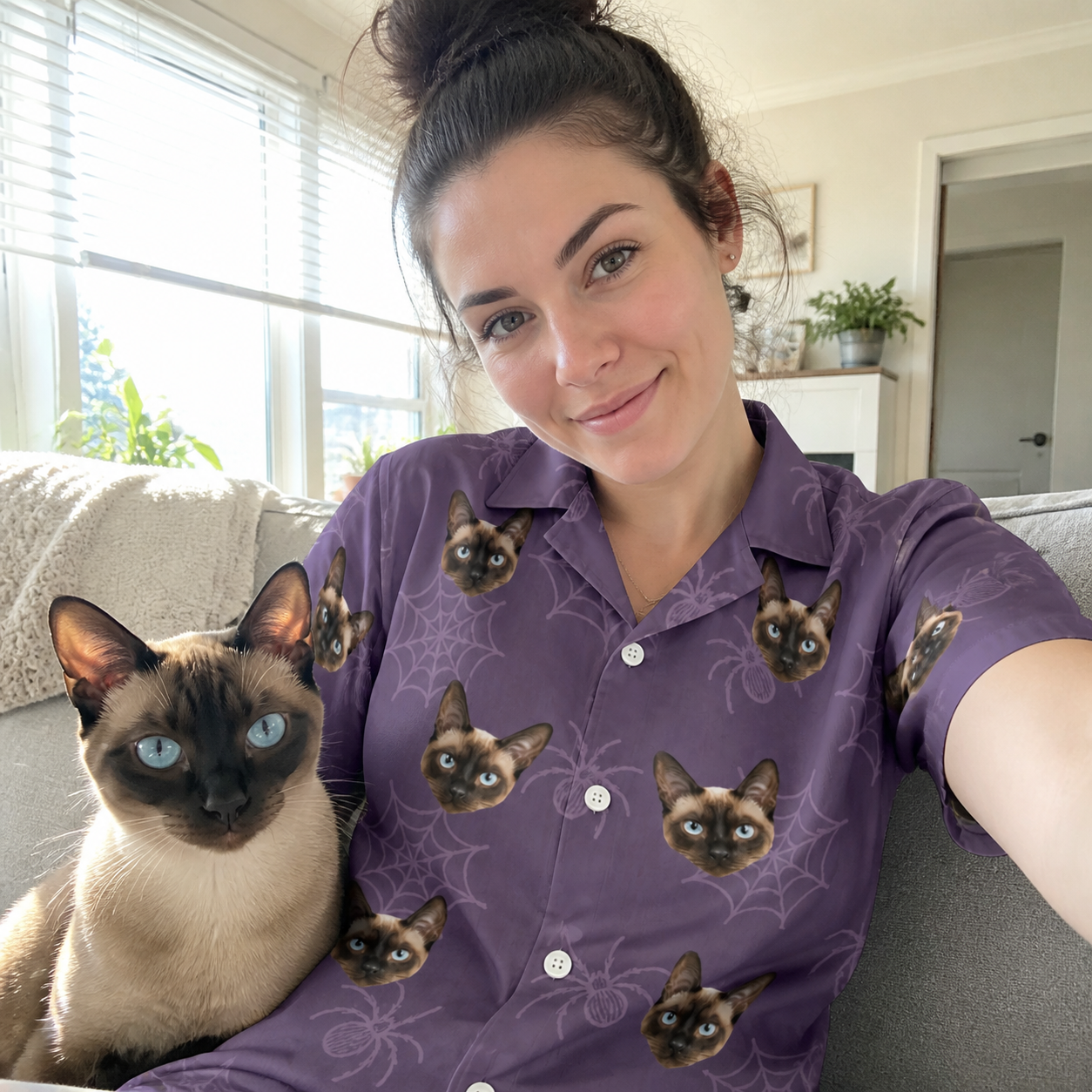Selfie with the pet whose face is printed all over this Women's Spider Social Custom Cat Face Hawaiian Shirt