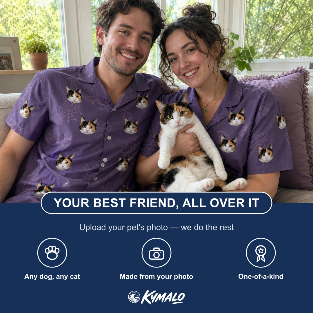 Friends in matching Women's Spider Social Custom Cat Face Hawaiian Shirt — a group gift photo