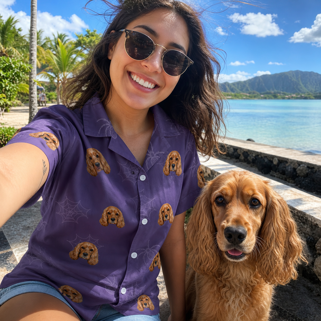 Selfie with the pet whose face is printed all over this Women's Spider Social Custom Dog Face Hawaiian Shirt