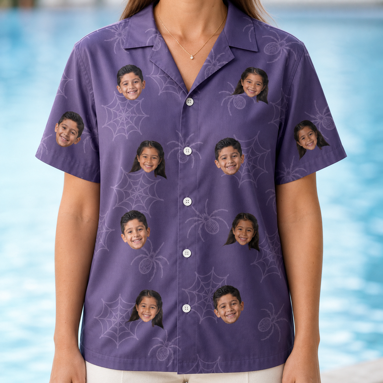 Model wearing Women's Spider Social Custom Face Hawaiian Shirt printed with kids' faces