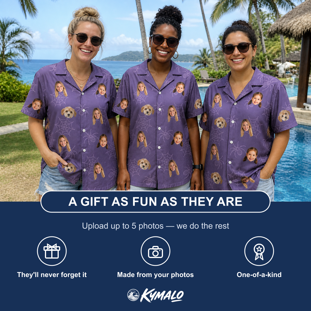 Friends in matching Women's Spider Social Custom Face Hawaiian Shirt — a group gift photo