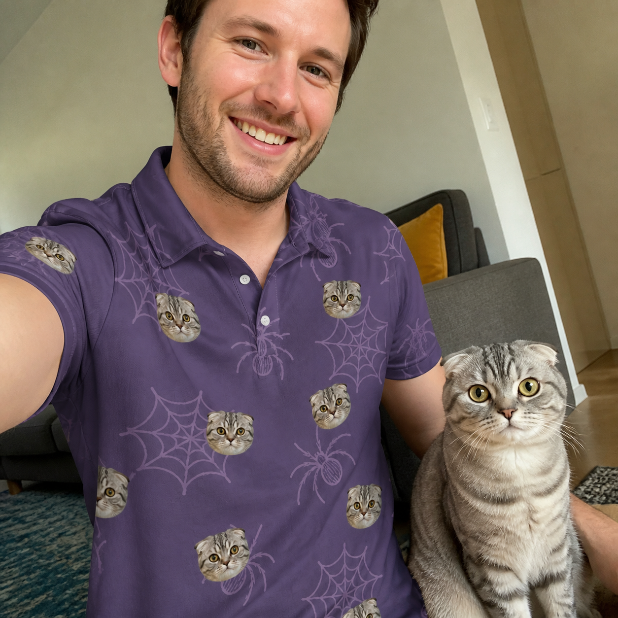 Selfie with the pet whose face is printed all over this Men's Spider Social Custom Cat Face Polo Shirt