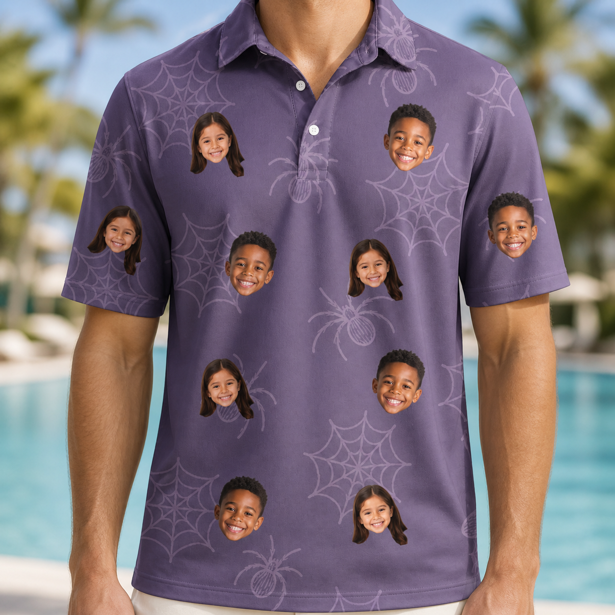 Model wearing Men's Spider Social Custom Face Polo Shirt printed with kids' faces