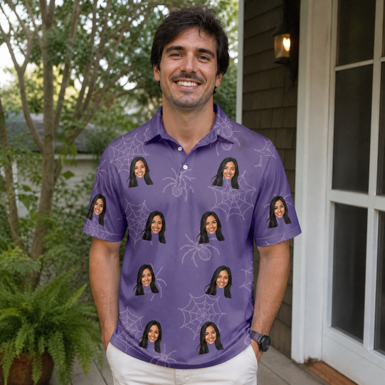 Real-life photo of someone wearing Men's Spider Social Custom Face Polo Shirt — custom faces printed all-over