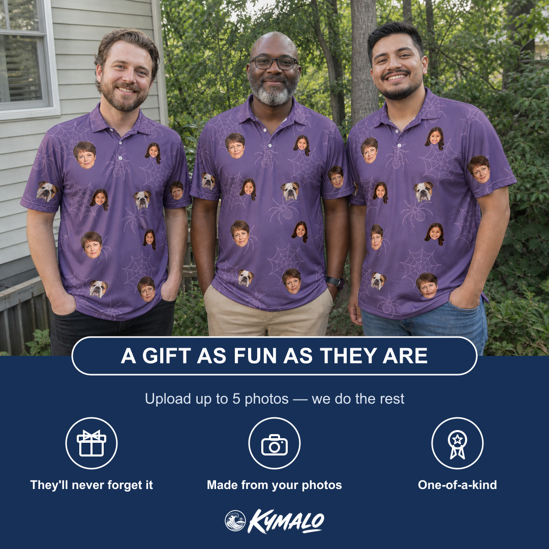 Friends in matching Men's Spider Social Custom Face Polo Shirt — a group gift photo