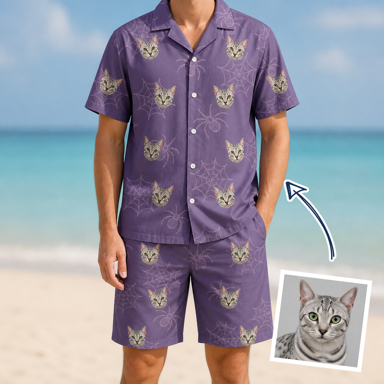 Man wearing Men's Spider Social Custom Cat Face Shirt & Shorts Set — custom faces printed all-over