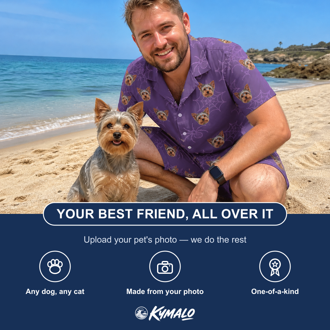 Friends in matching Men's Spider Social Custom Dog Face Shirt & Shorts Set — a group gift photo