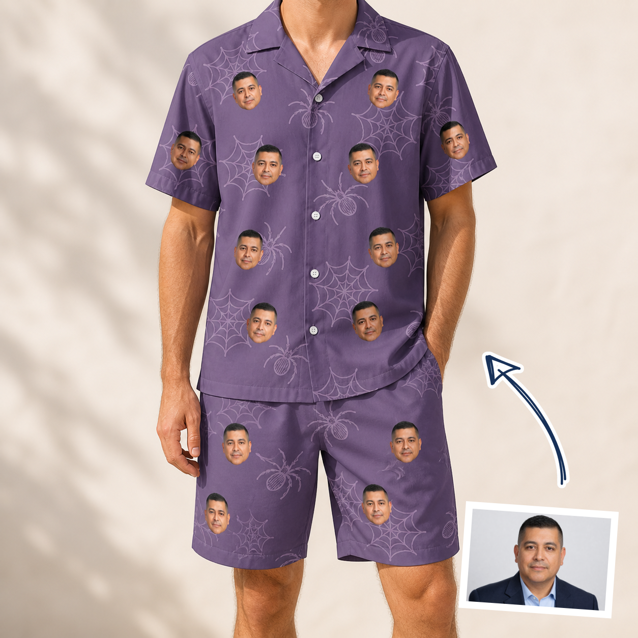 Man wearing Men's Spider Social Custom Face Shirt & Shorts Set — custom faces printed all-over
