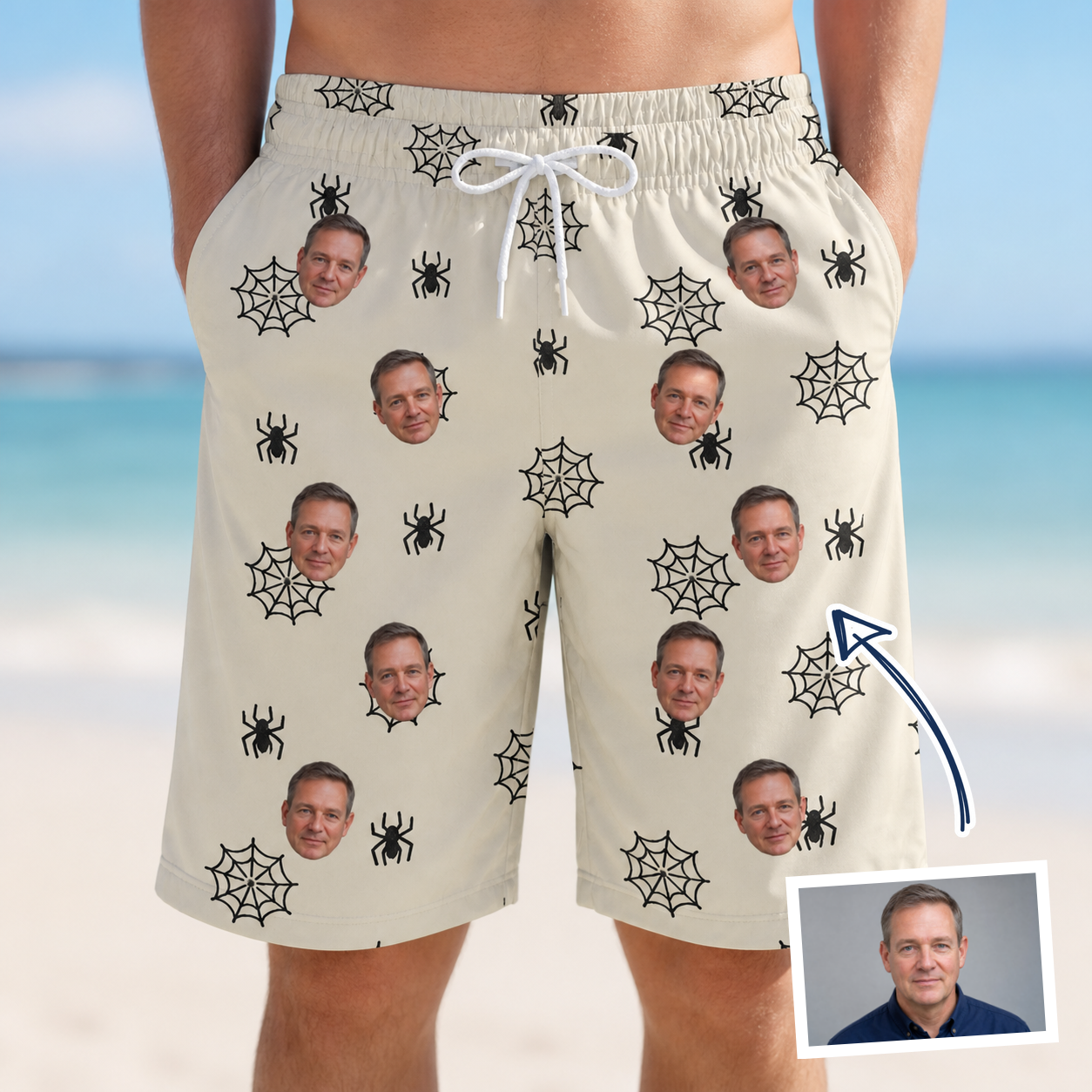 Man wearing Men's Spooky Spinners Custom Face Beach Shorts — custom faces printed all-over