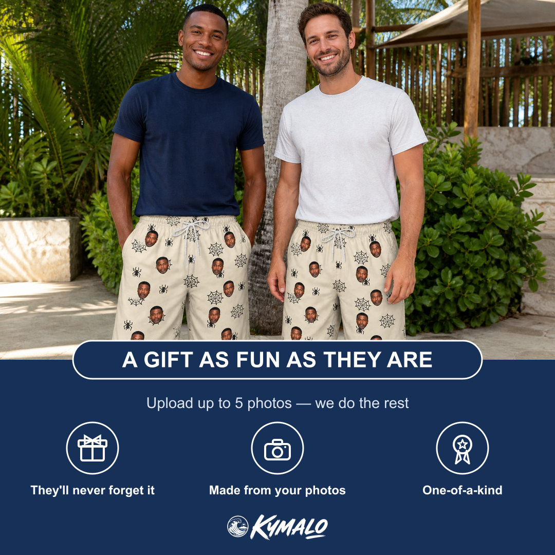 Friends in matching Men's Spooky Spinners Custom Face Beach Shorts — a group gift photo
