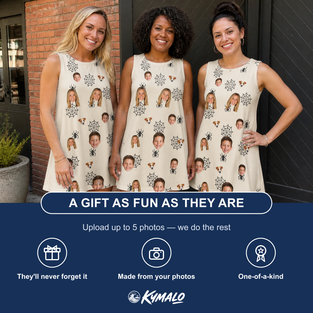 Friends in matching Women's Spooky Spinners Custom Face Tank Dress — a group gift photo