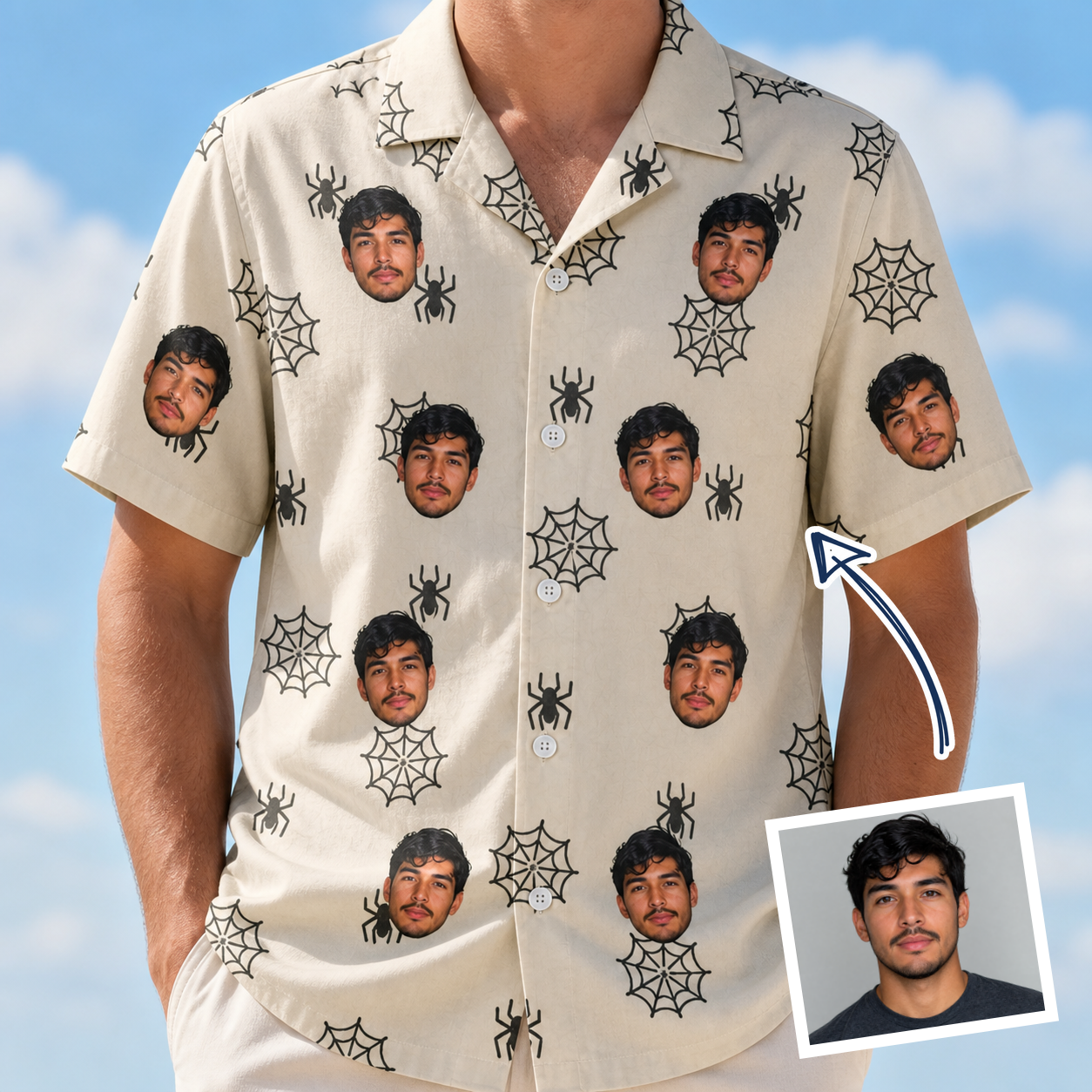 Man wearing Men's Spooky Spinners Custom Face Hawaiian Shirt — custom faces printed all-over