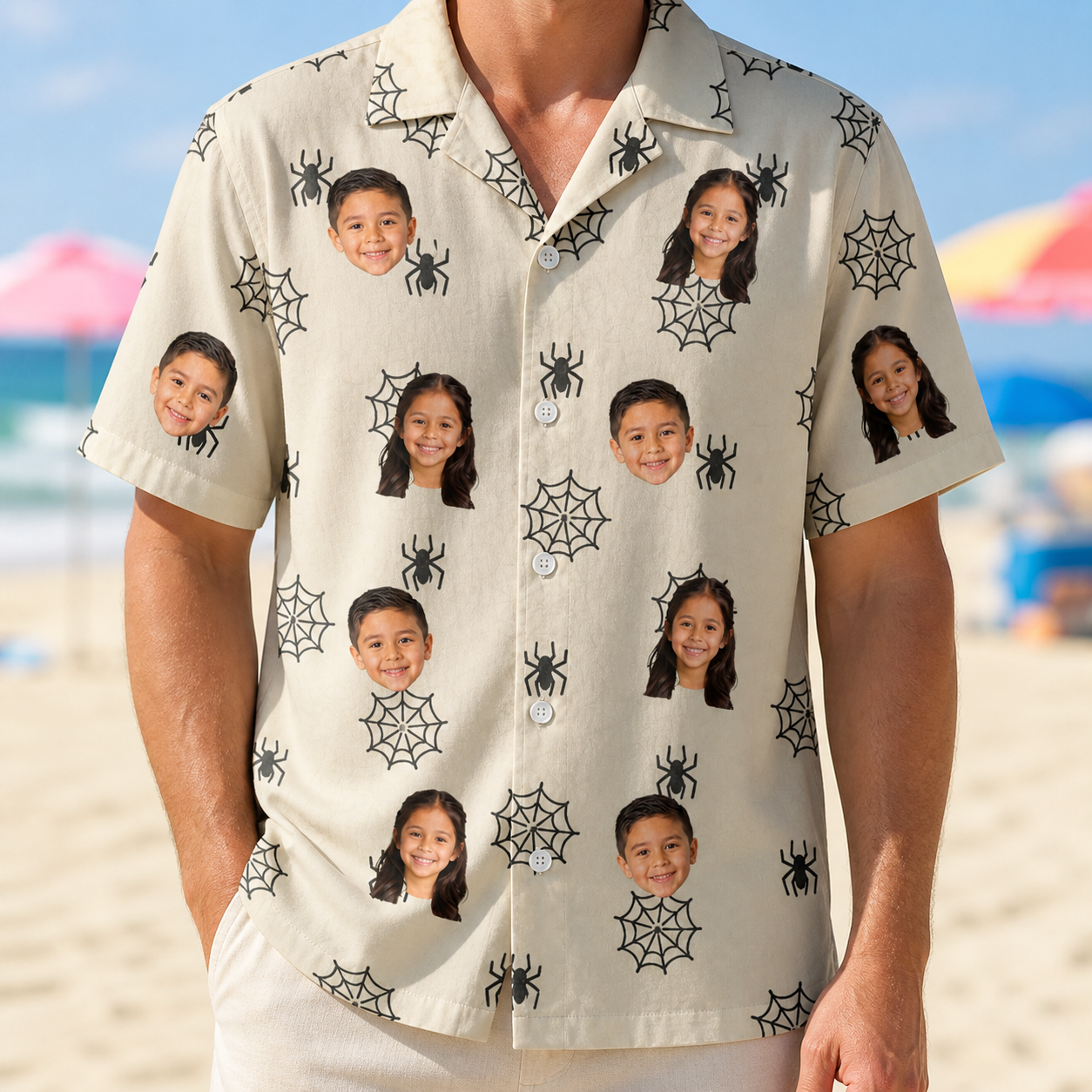 Model wearing Men's Spooky Spinners Custom Face Hawaiian Shirt printed with kids' faces