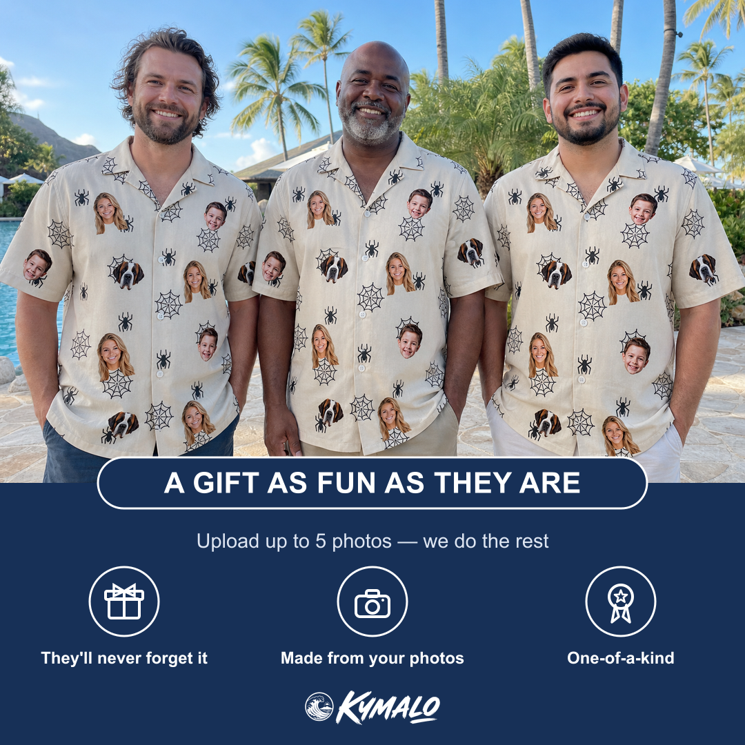 Friends in matching Men's Spooky Spinners Custom Face Hawaiian Shirt — a group gift photo
