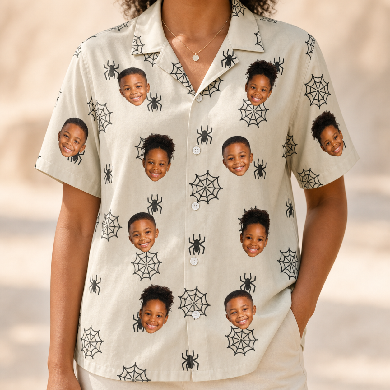 Model wearing Women's Spooky Spinners Custom Face Hawaiian Shirt printed with kids' faces
