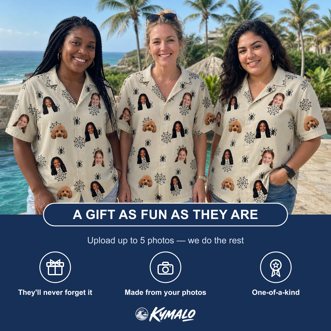 Friends in matching Women's Spooky Spinners Custom Face Hawaiian Shirt — a group gift photo