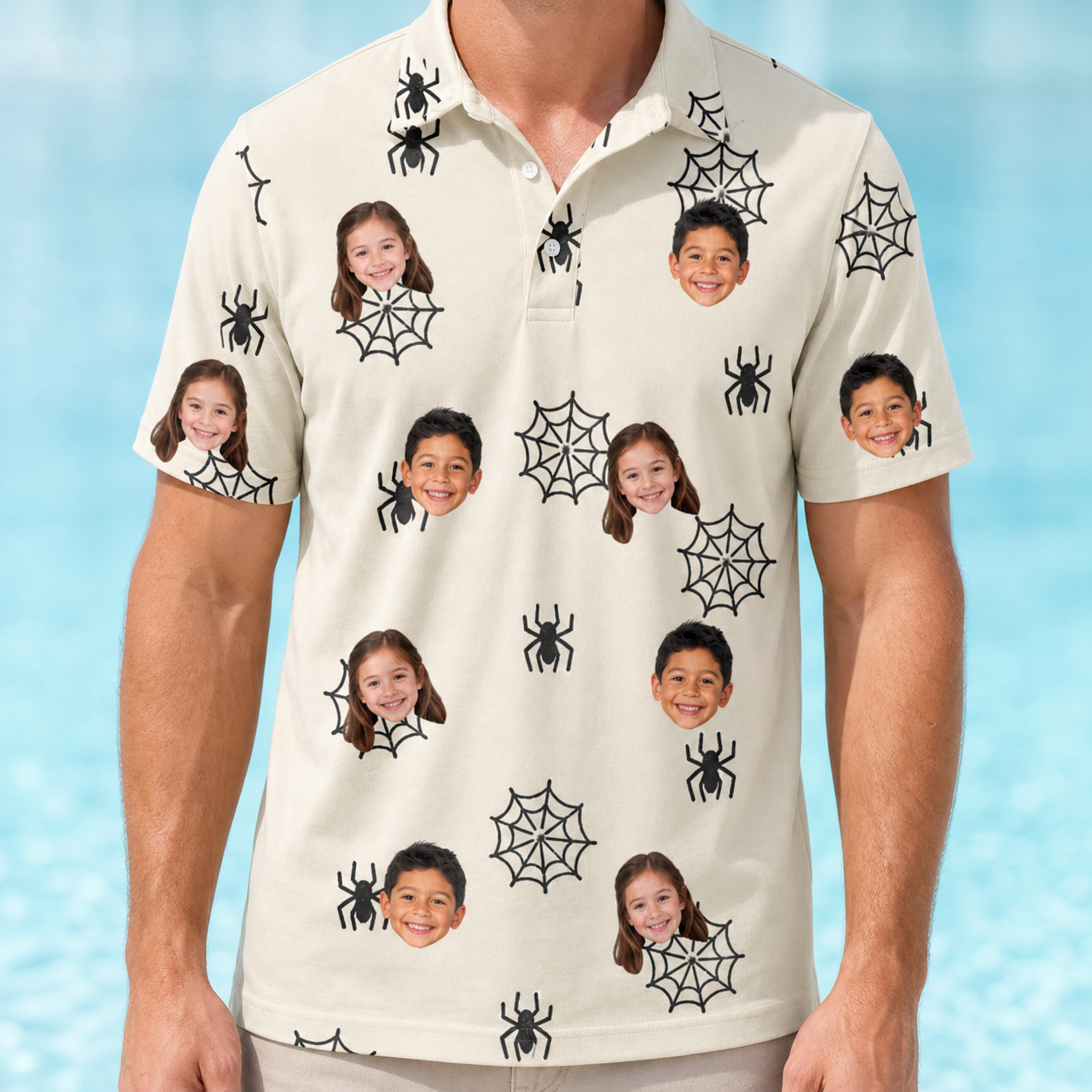 Model wearing Men's Spooky Spinners Custom Face Polo Shirt printed with kids' faces