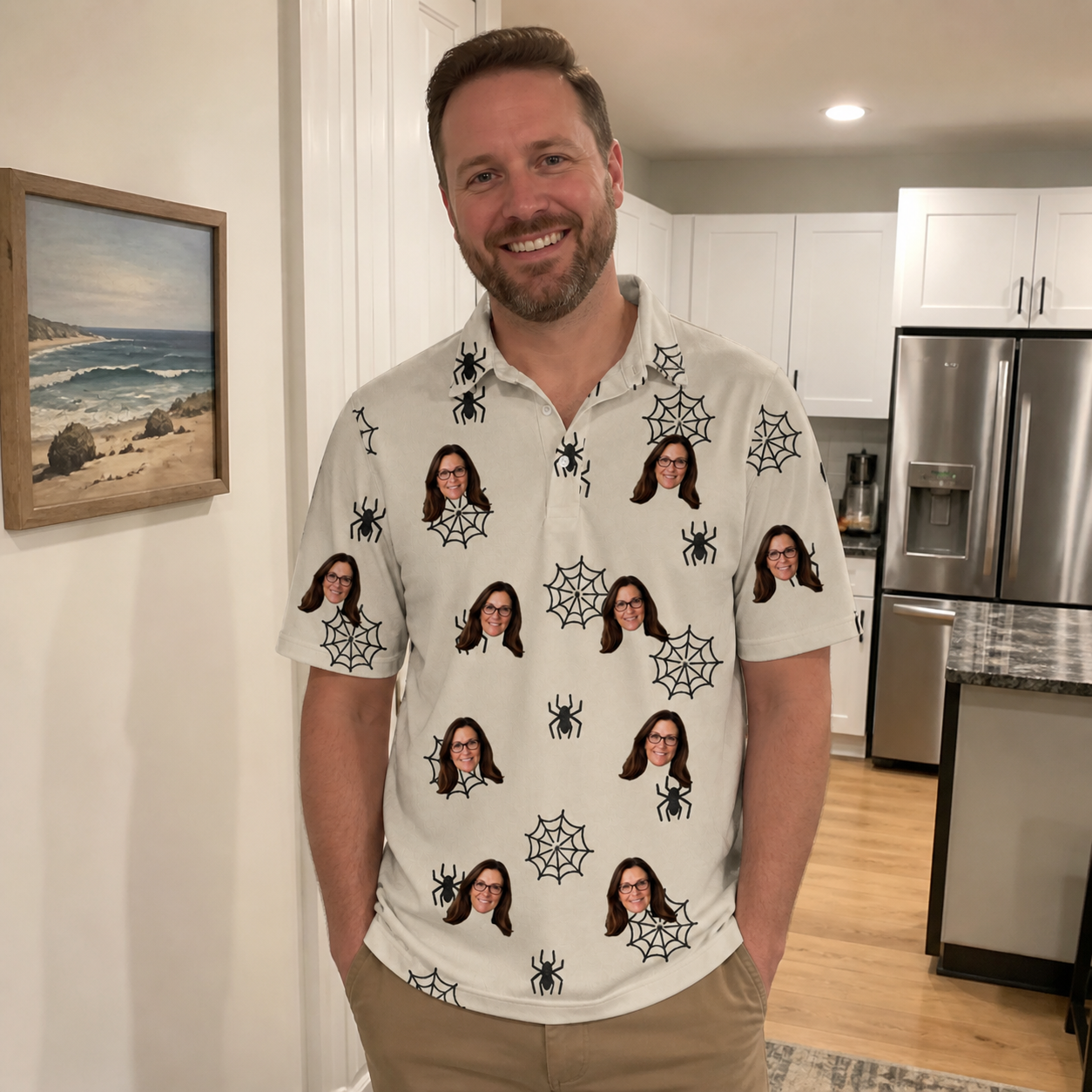 Real-life photo of someone wearing Men's Spooky Spinners Custom Face Polo Shirt — custom faces printed all-over