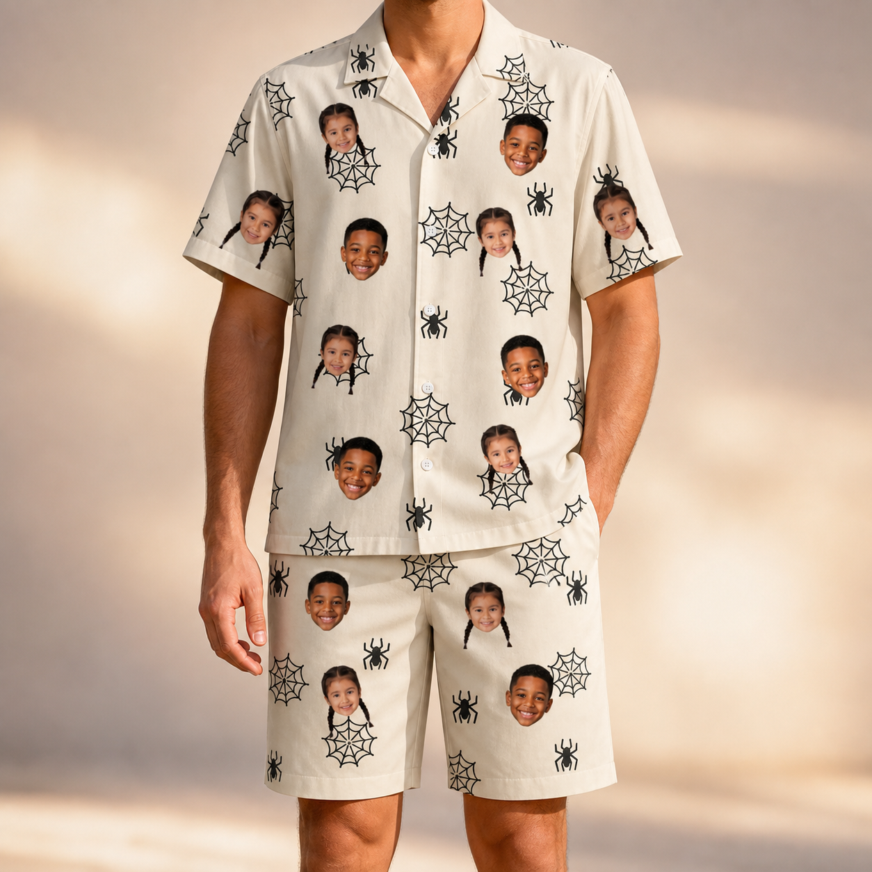 Model wearing Men's Spooky Spinners Custom Face Shirt & Shorts Set printed with kids' faces