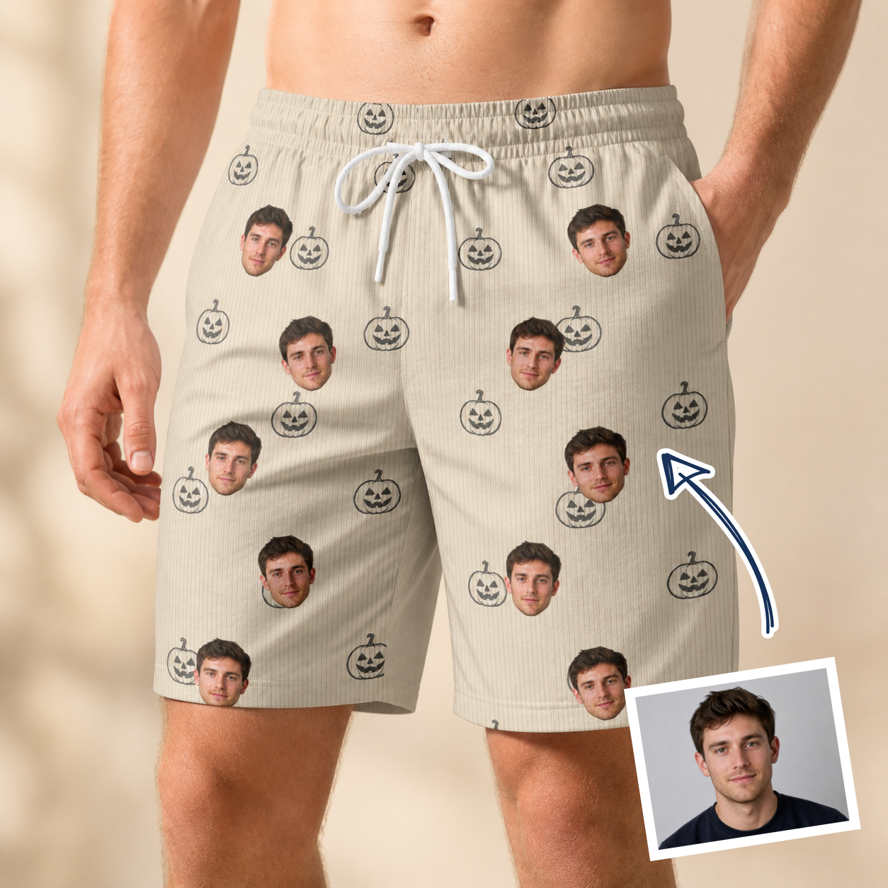 Man wearing Men's Cucurbit Chuckles Custom Face Beach Shorts — custom faces printed all-over