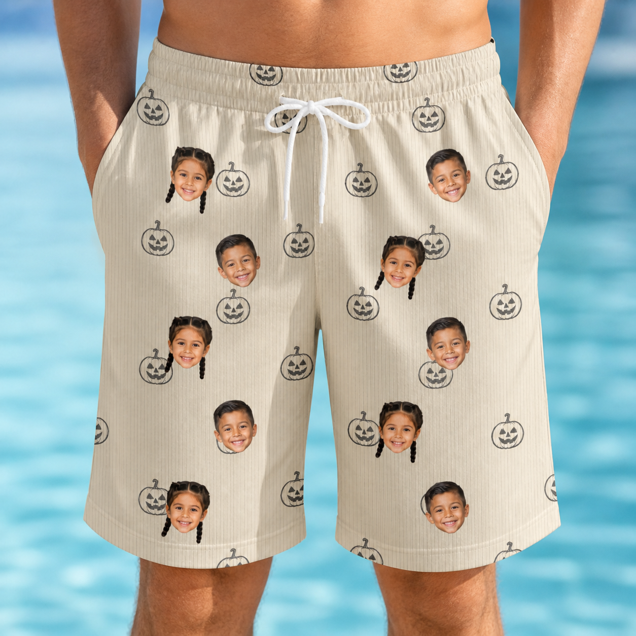 Model wearing Men's Cucurbit Chuckles Custom Face Beach Shorts printed with kids' faces