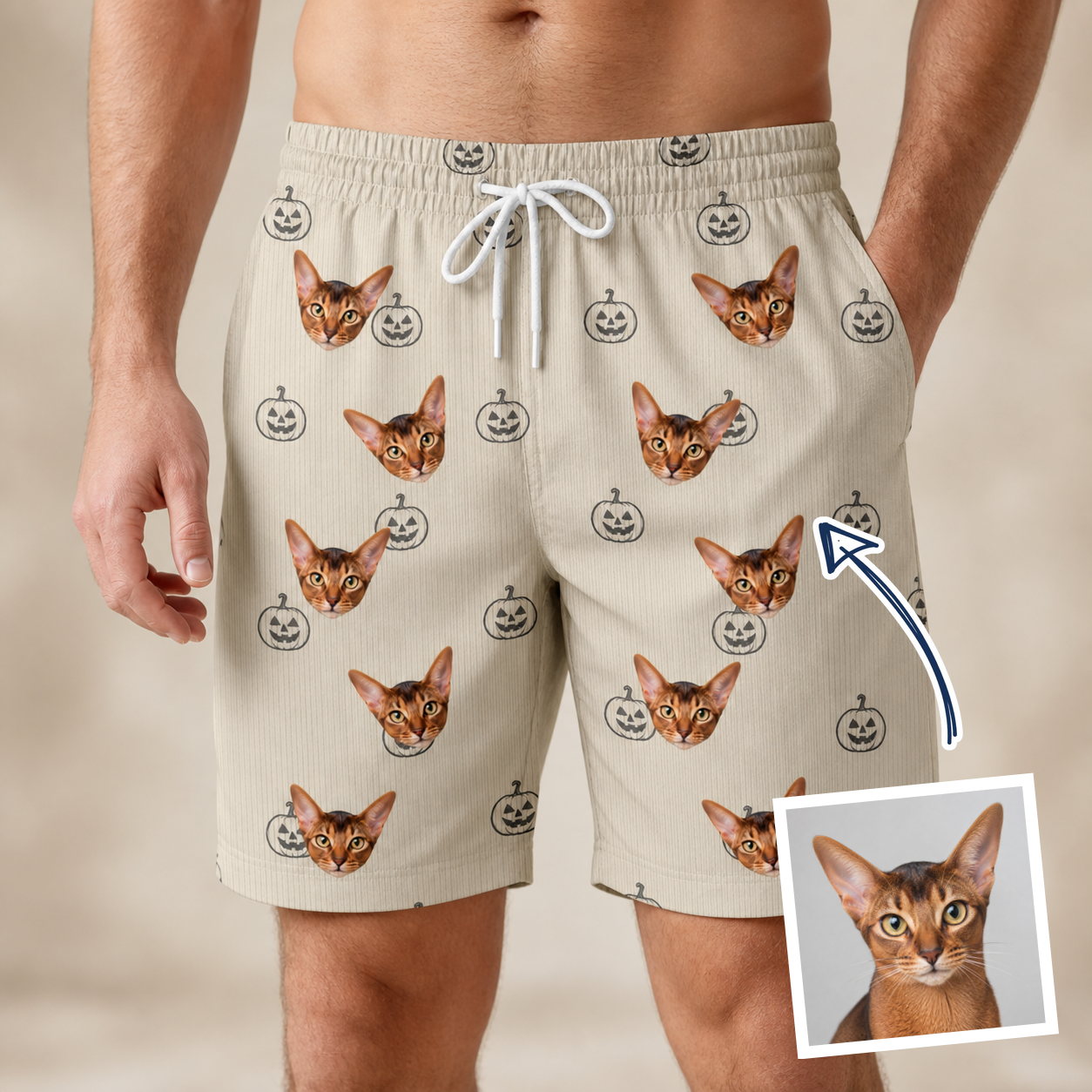 Man wearing Men's Cucurbit Chuckles Custom Cat Face Beach Shorts — custom faces printed all-over