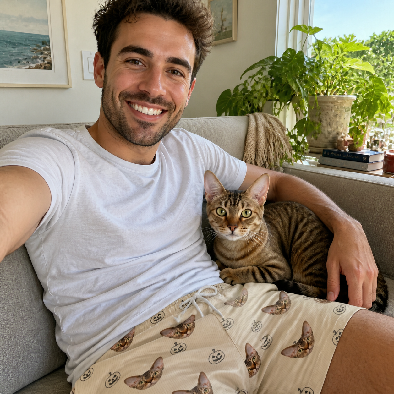 Selfie with the pet whose face is printed all over this Men's Cucurbit Chuckles Custom Cat Face Beach Shorts