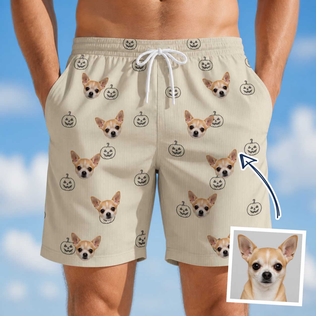 Man wearing Men's Cucurbit Chuckles Custom Dog Face Beach Shorts — custom faces printed all-over