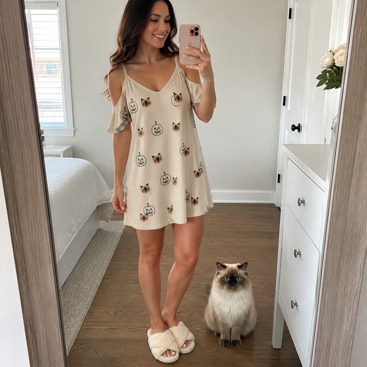 Full-length photo with the pet printed all over this Women's Cucurbit Chuckles Custom Cat Face Off-Shoulder Dress